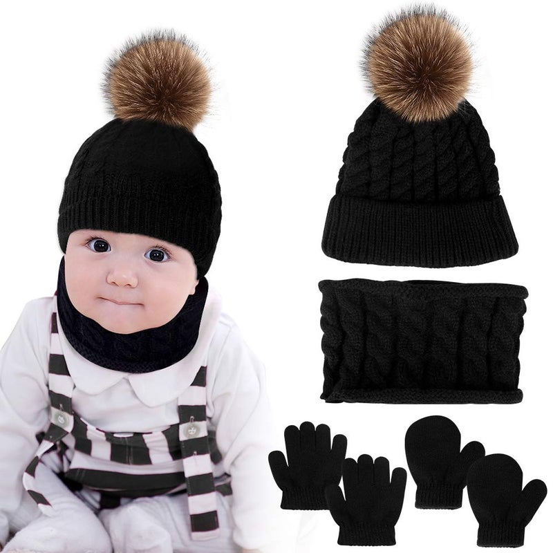 Hicdaw Hicdaw 6PCS Toddler Baby Winter Hat Scarf Kids Warm Knitted Hat for Beanie Scarf Gloves Set Gift for Kid Black