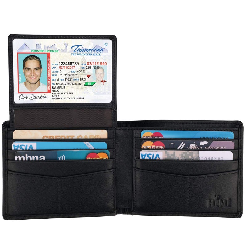 HIMI محفظة HIMI للرجال - جلد طبيعي مع حماية RFID - محفظة أنيقة قابلة للطي مع نافذتين للهوية (ألياف الكربون السوداء) - Image 4
