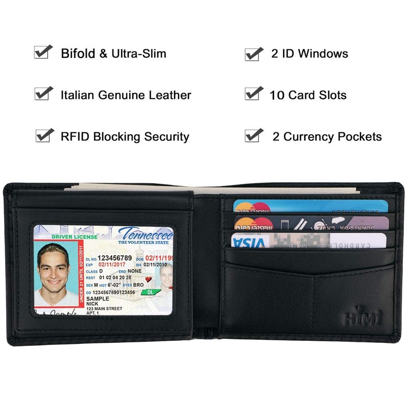 HIMI محفظة HIMI للرجال - جلد طبيعي مع حماية RFID - محفظة أنيقة قابلة للطي مع نافذتين للهوية (ألياف الكربون السوداء) - Image 3