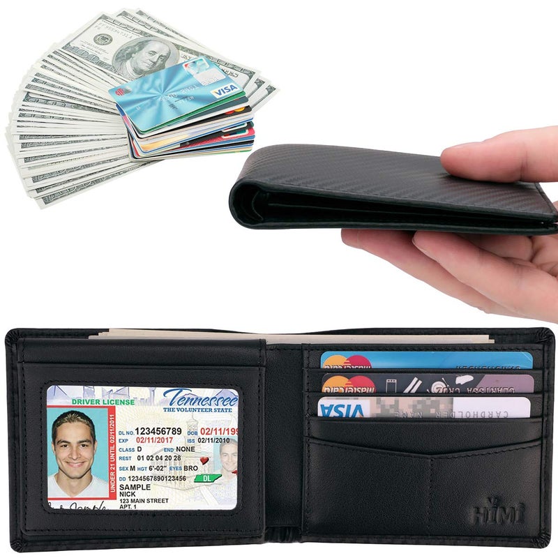 HIMI محفظة HIMI للرجال - جلد طبيعي مع حماية RFID - محفظة أنيقة قابلة للطي مع نافذتين للهوية (ألياف الكربون السوداء) - Image 2