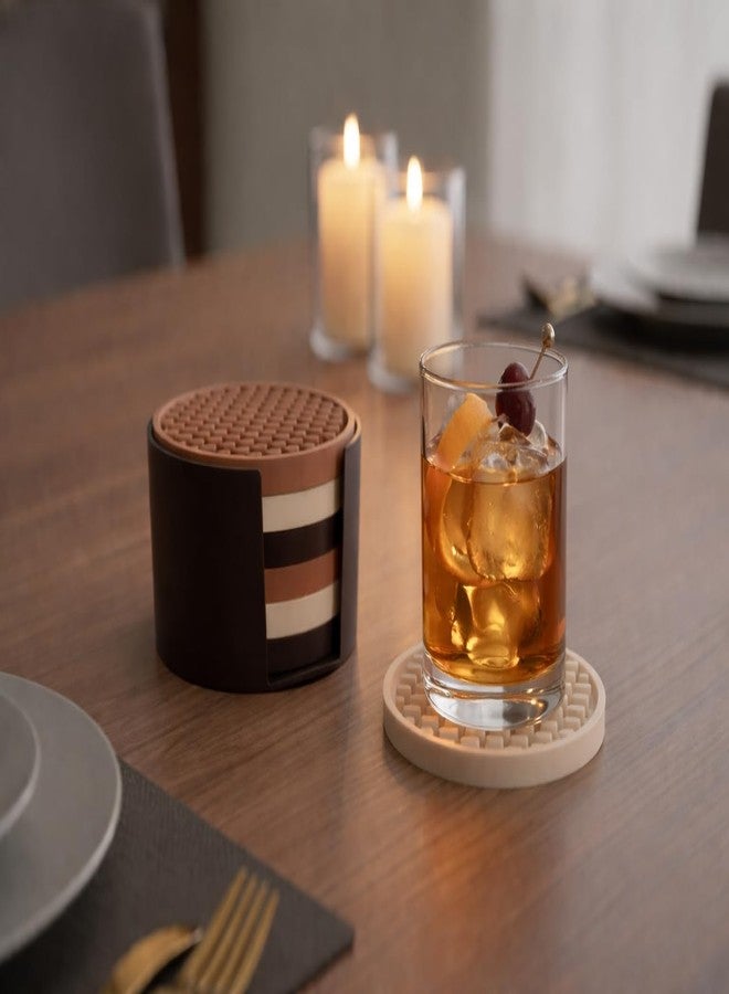 Happitasa 4.25 Inch Bar Mat Style Silicone Beverage Coasters, Set of 6 with Holder (Multicolor - Brown) - Image 3