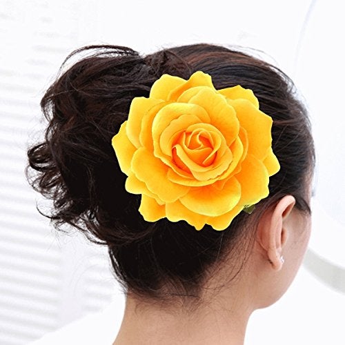 BinaryABC Artificial Rose Flower Hairpin Hair Clips,Flower Brooch for Women Party (Yellow) - Image 3