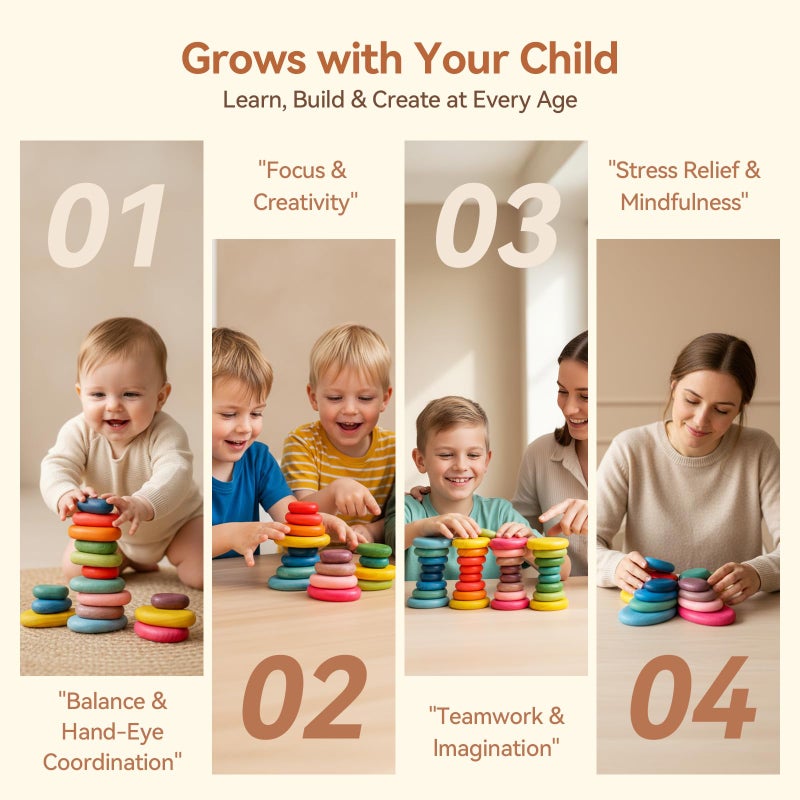 OESSUF Extra-Large Stacking Rocks for Toddlers 1-3, 16 PCS Wooden Montessori Toys, Safe Smooth Jumbo Balancing Stones for Open-Ended Sensory Play, STEM Building Blocks for Boys & Girls - Image 3