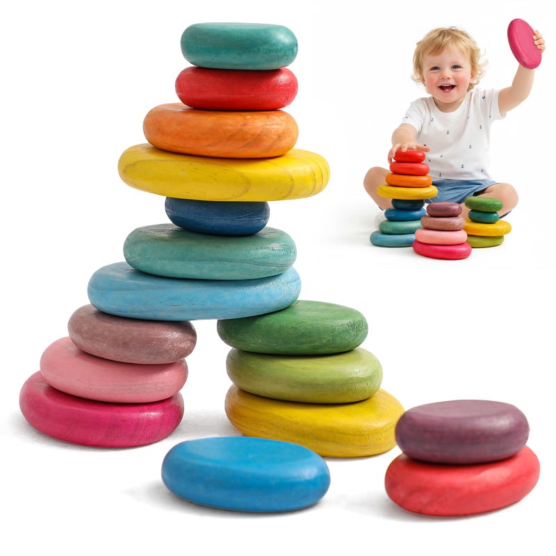 OESSUF Extra-Large Stacking Rocks for Toddlers 1-3, 16 PCS Wooden Montessori Toys, Safe Smooth Jumbo Balancing Stones for Open-Ended Sensory Play, STEM Building Blocks for Boys & Girls - Image 1