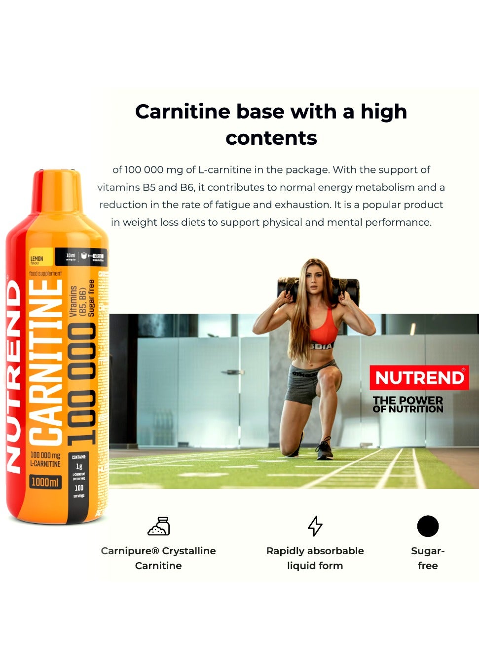 l carnitine 100.000 NUTREND Carnitine 100000 - 1000 ml Liquid Supplement, Fast Absorbing,  Sugar-Free, Orange Flavor with Vitamins B5 and B6 | Best Price UAE