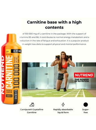 NUTREND Carnitine 100000 - 1000 ml Liquid Supplement, Fast Absorbing, Sugar-Free, Orange Flavor with Vitamins B5 and B6 | Best Price KSA
