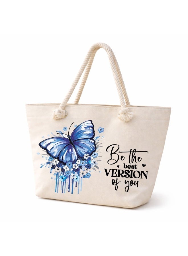 We Print, Your Gift Butterfly Motivational Beach Tote Bag for Women - Heavy Cotton Fabric - Gold Zipper - Inner Pocket - Lined Interior - Shoulder Bag for Beach Travel Work - 47 x 37 cm - Image 1