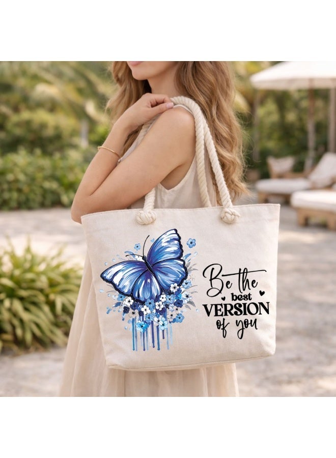 We Print, Your Gift Butterfly Motivational Beach Tote Bag for Women - Heavy Cotton Fabric - Gold Zipper - Inner Pocket - Lined Interior - Shoulder Bag for Beach Travel Work - 47 x 37 cm - Image 2