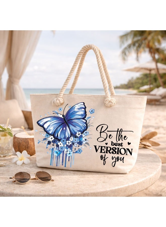 We Print, Your Gift Butterfly Motivational Beach Tote Bag for Women - Heavy Cotton Fabric - Gold Zipper - Inner Pocket - Lined Interior - Shoulder Bag for Beach Travel Work - 47 x 37 cm - Image 3