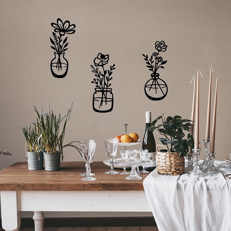 ROOT KRAFT 3 Pieces Black Wooden Flowers Wall Decor | Vase Wall Art | Wooden Wall Sculptures Hanging for Indoor Kitchen Bathroom Dining Room 12 inch x 6 inch (Design 2) - Image 5