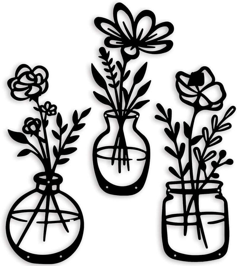 ROOT KRAFT 3 Pieces Black Wooden Flowers Wall Decor | Vase Wall Art | Wooden Wall Sculptures Hanging for Indoor Kitchen Bathroom Dining Room 12 inch x 6 inch (Design 2) - Image 1
