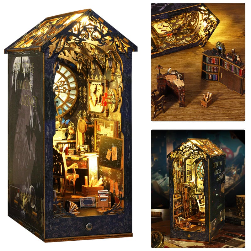 ISSEVE DIY Book Nook Kit, 3D Wooden Puzzle DIY Miniature House Kit for Book Nook Shelf Insert Decoration, Magic Book House Stand Bookshelf Dollhouse for Adults with Sensor Light (Detective Agency) - Image 1