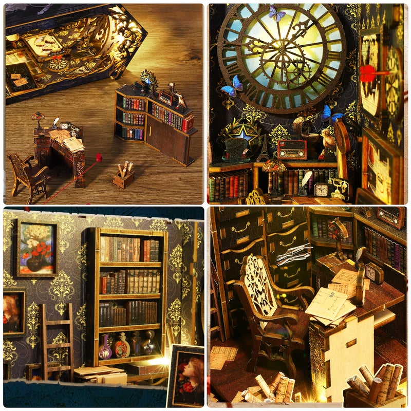 ISSEVE DIY Book Nook Kit, 3D Wooden Puzzle DIY Miniature House Kit for Book Nook Shelf Insert Decoration, Magic Book House Stand Bookshelf Dollhouse for Adults with Sensor Light (Detective Agency) - Image 4