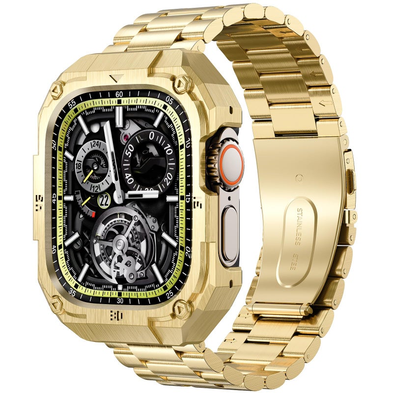 PanPinnacle Formal Stainless Steel Watch Case with Band Compatible with Apple Watch Series 11 10 46mm Band for Men,Metal Protective Bumper Cover iwatch Band with Strap,Gold - Image 1