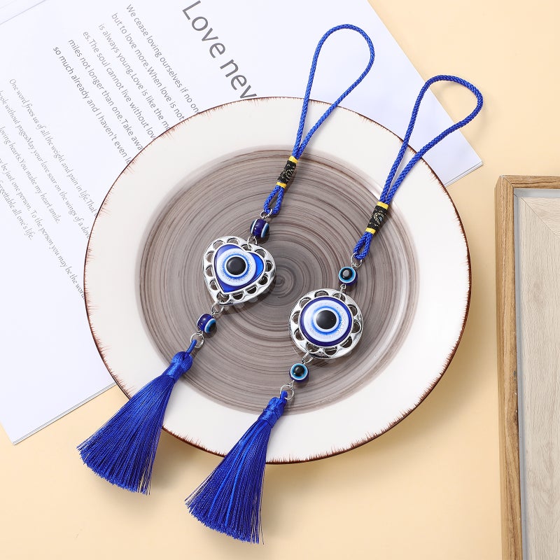 6 Pcs Car Hanging Ornaments Hanging Round and Heart Shape Eye Bead Tassel Charms Accessories for Rear View Mirror - Image 2