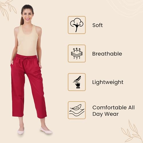 Happy Bunny Parallel Pants for Women 100% Cotton Ankle Length Trousers Regular Fit with Elastic Drawstring Stylish & Pockets Casual Formal Wear for Office & Home (XL, Burgundy Maroon) - Image 4