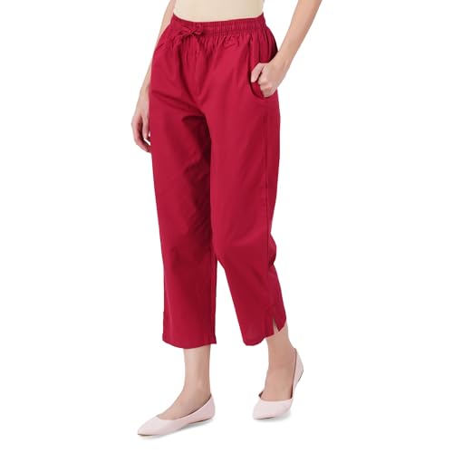 Happy Bunny Parallel Pants for Women 100% Cotton Ankle Length Trousers Regular Fit with Elastic Drawstring Stylish & Pockets Casual Formal Wear for Office & Home (XL, Burgundy Maroon) - Image 1