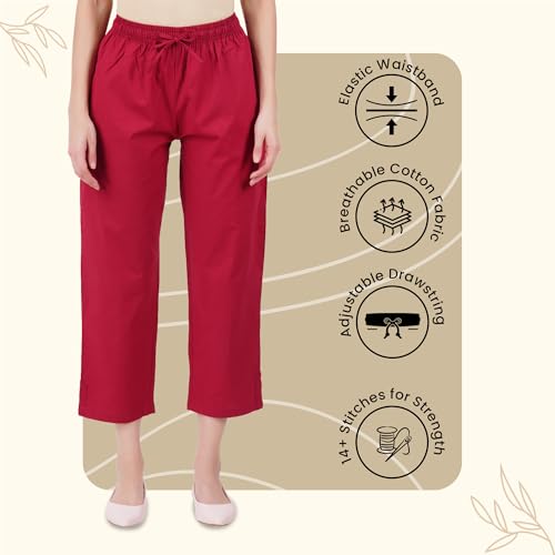 Happy Bunny Parallel Pants for Women 100% Cotton Ankle Length Trousers Regular Fit with Elastic Drawstring Stylish & Pockets Casual Formal Wear for Office & Home (XL, Burgundy Maroon) - Image 2