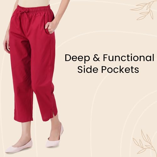 Happy Bunny Parallel Pants for Women 100% Cotton Ankle Length Trousers Regular Fit with Elastic Drawstring Stylish & Pockets Casual Formal Wear for Office & Home (XL, Burgundy Maroon) - Image 3