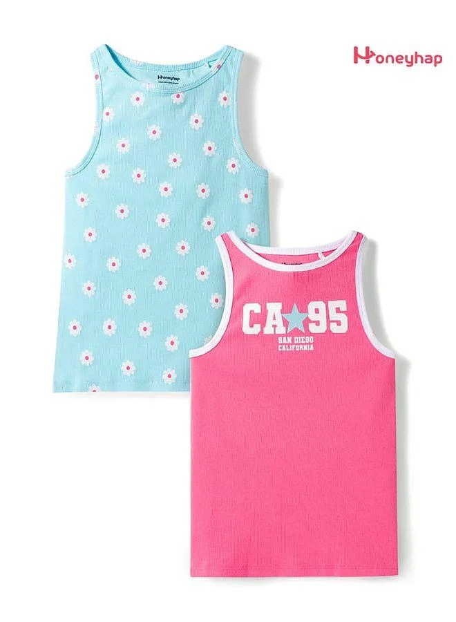 Honeyhap Honeyhap Premium Cotton 2x1 Rib Spandex Knit Sleeveless Tank Tops With Bio Finish & Floral Print (Pack of 2) - Blue and Pink