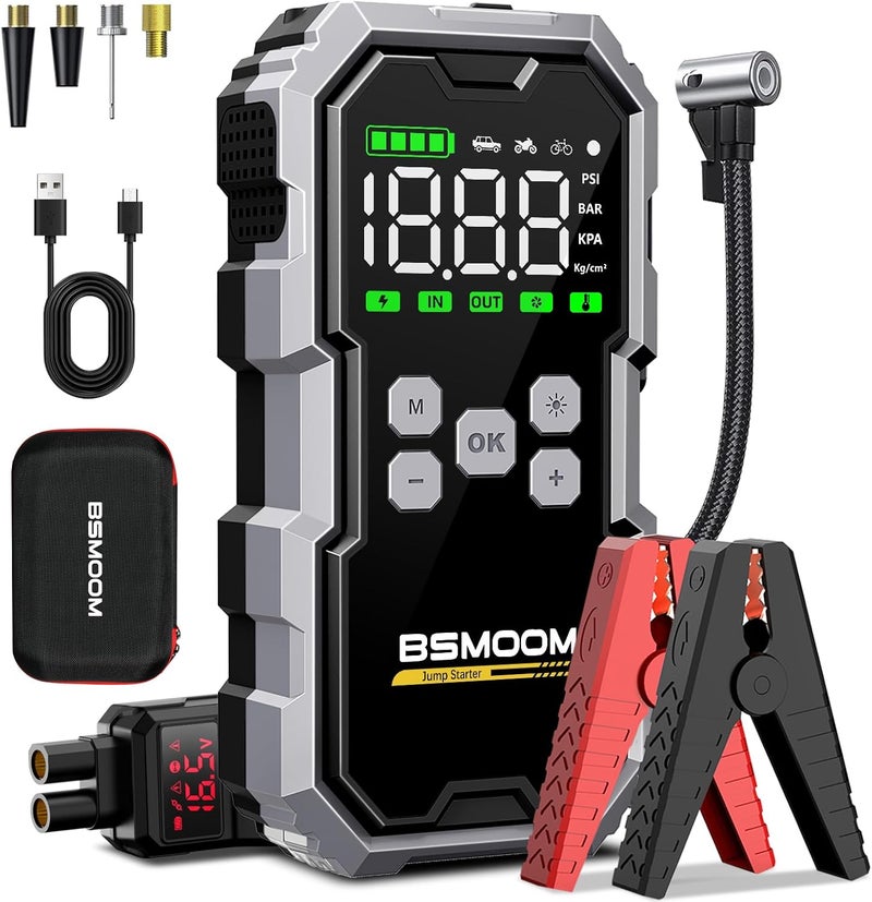 BSMOOM Jump Starter with Air Compressor, 7000A 26800mAh 150PSI Portable Car Battery Jump Starter (All Gas/10.0L Diesel), Jump Box Portable Jumper Cables with 3.4" LCD Display, 2 Lights - Image 1