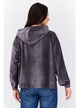 Aerie Women Textured Long Sleeves Hoodie, Dark Grey  - Image 3