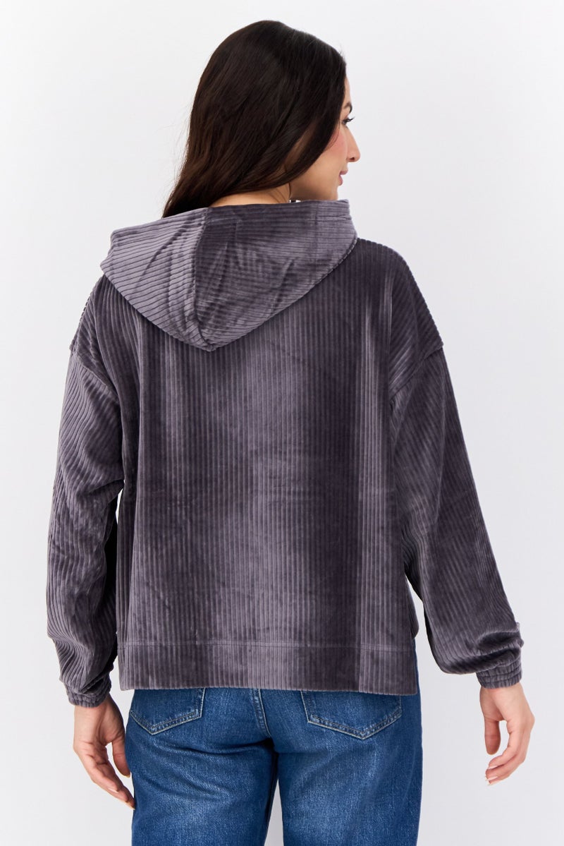 Aerie Women Textured Long Sleeves Hoodie, Dark Grey - Image 3