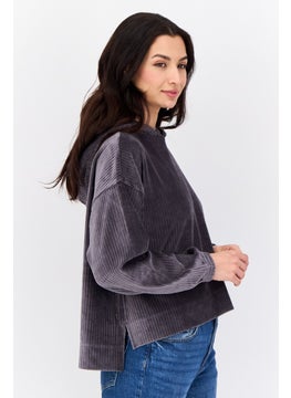 Aerie Women Textured Long Sleeves Hoodie, Dark Grey  - Image 2