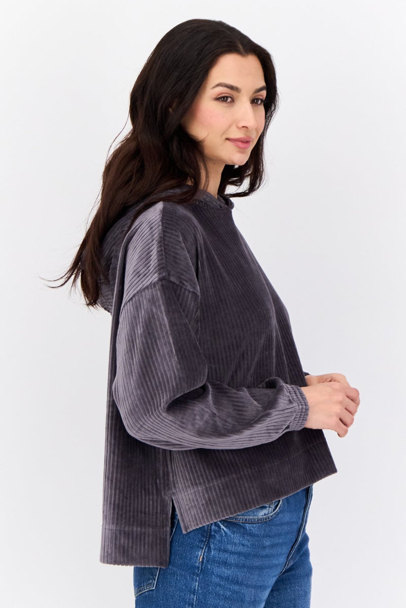 Aerie هودي نسائي بأكمام طويلة منقوشة، رمادي داكن - Image 2
