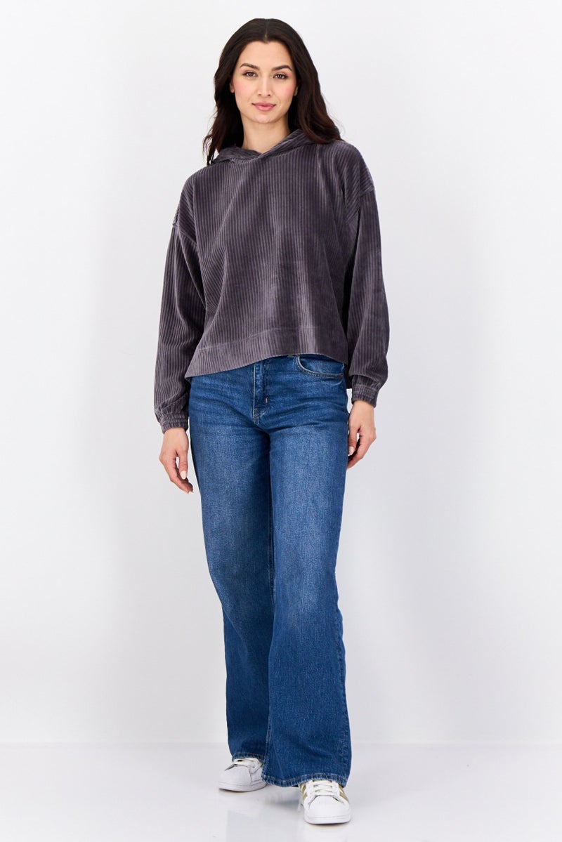 Aerie هودي نسائي بأكمام طويلة منقوشة، رمادي داكن - Image 4