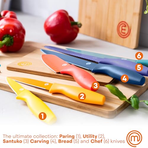 Masterchef طقم سكاكين ماستر شيف 6 قطع، شفرات فولاذية مقاومة للصدأ حادة للغاية لقطع احترافي مع طلاء غير لاصق ومقابض سهلة الإمساك بلمسة ناعمة في كتلة عالمية حمراء، لون زاهي - Image 2