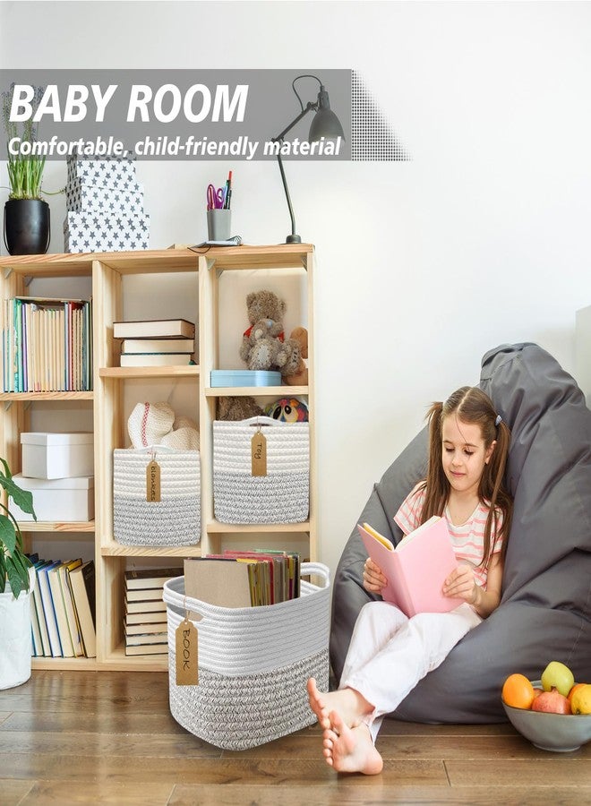 Tailoreadily Woven Storage Basket, Cotton Rope Closet Organizers Bins for Clothes Blanket Towels, Stylish Gift Baskets with Handles, 13.4 x 9.3 x 9.5 in, White and Grey (Pack of 1) - Image 2