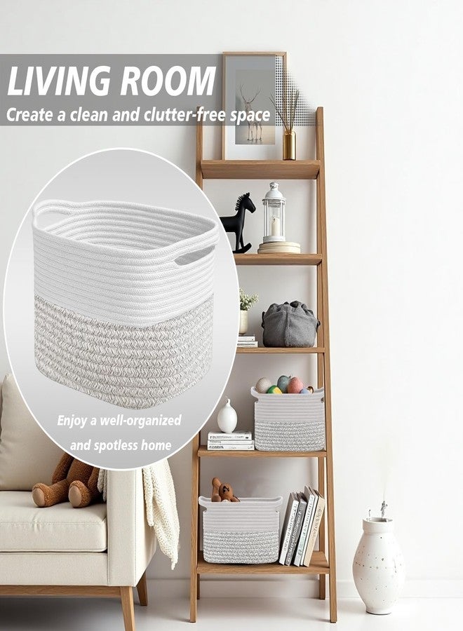 Tailoreadily Woven Storage Basket, Cotton Rope Closet Organizers Bins for Clothes Blanket Towels, Stylish Gift Baskets with Handles, 13.4 x 9.3 x 9.5 in, White and Grey (Pack of 1) - Image 3
