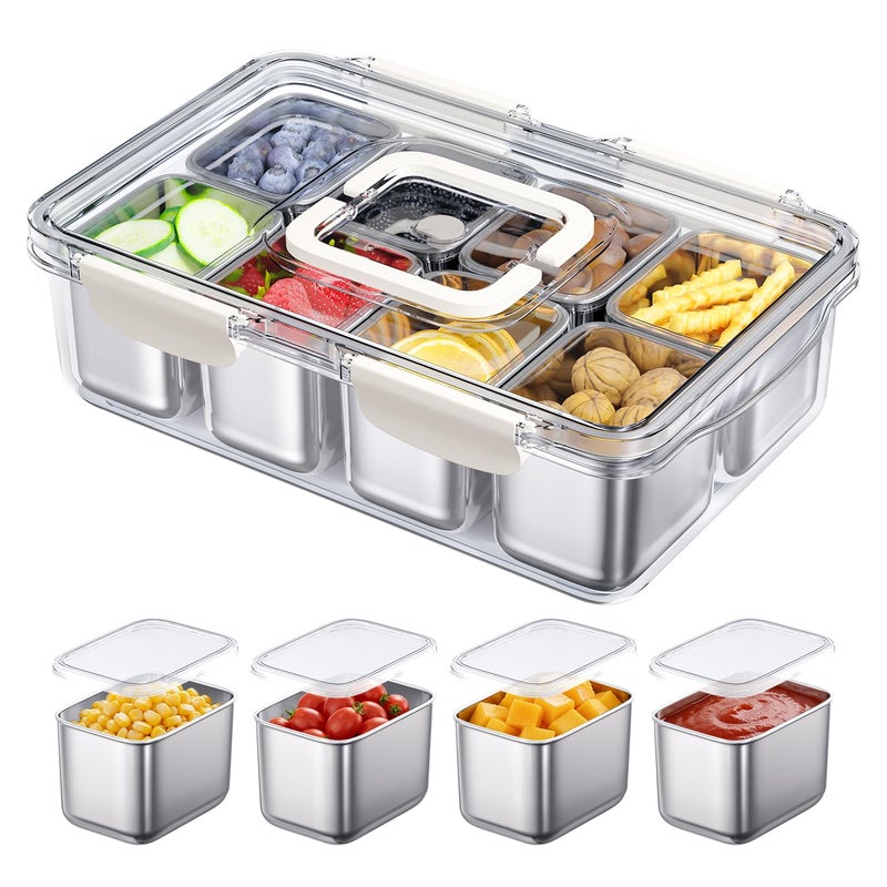 DAOTENGQL Snackle Box Container, 304 Stainless Steel Divided Serving Tray with Lid and Handle, Portable 8 Compartments Veggie Tray for Fruits,Veggies,Nuts &Candy, Dishwasher Safe for Travel,Picnic,Beach&Parties - Image 1