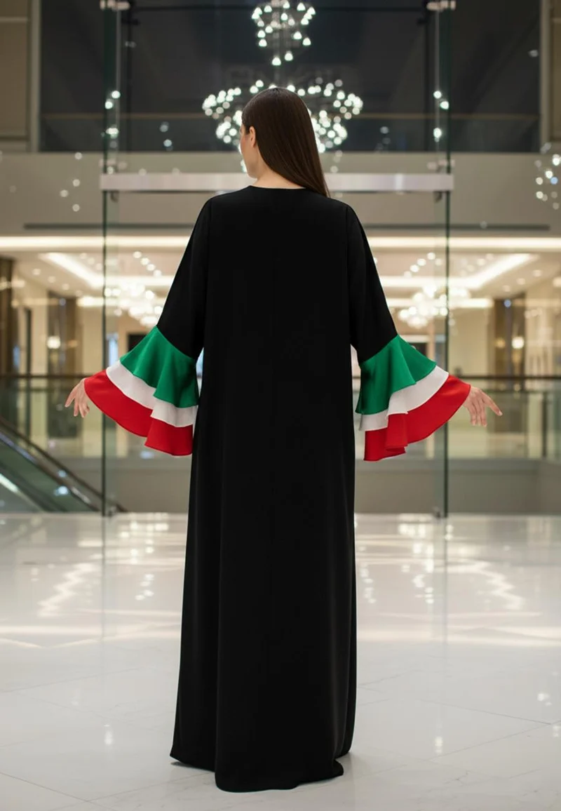 NUKHBAA Black Nida Abaya with UAE Colors Tiered Bell Sleeves-AJ1646A