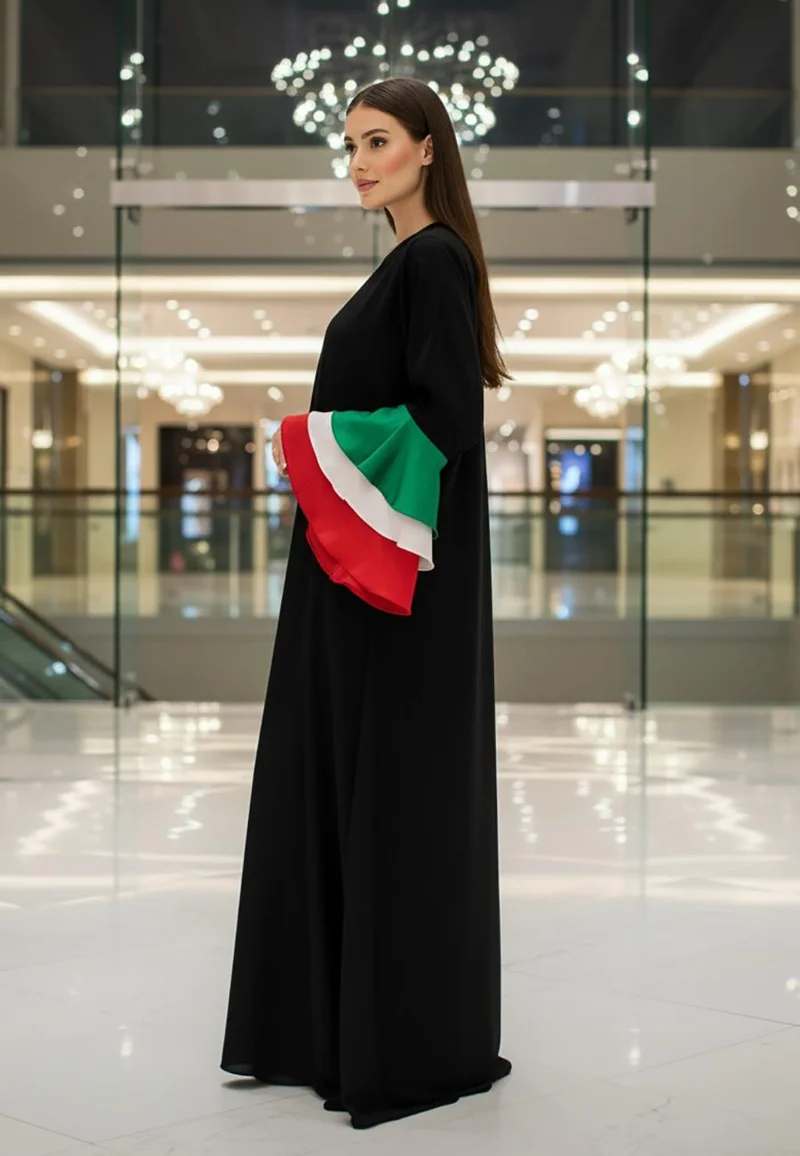 النخبة عباية نيدا سوداء بألوان الإمارات وأكمام الجرس المتدرجة