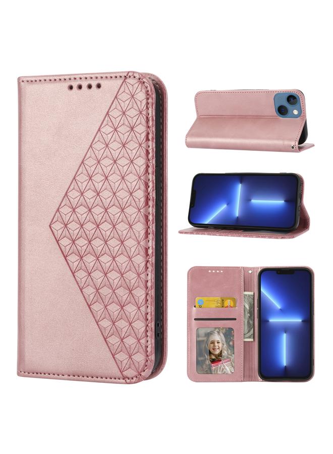 اس-توب جراب هاتف iPhone 13 من الجلد بتصميم شبكي مكعب مع إغلاق مغناطيسي وملمس جلد العجل - Image 1