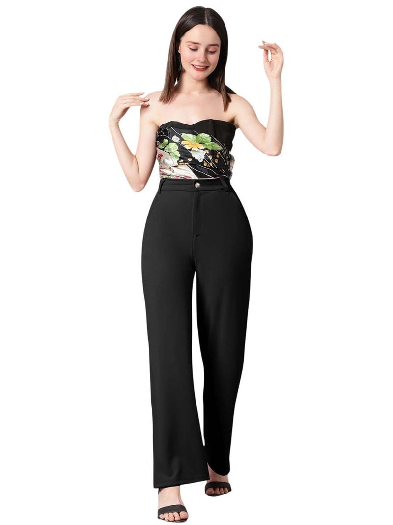 KOTTY Womens Cotton Blend Straight Fit Trousers Jade Black - Image 1