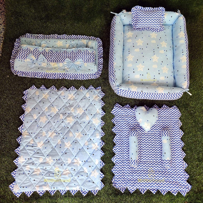 MOTHERHOOD MOTHERHOOD 1 Box Baby Tub Bed with 1 Baby Cradle Hammock 1 Large Baby Blanket 1 Baby Mattress and 4 pc Baby Pillow Luxury Baby Mattress Bed Sleeper Bedding Set coSleeper Sky - Image 1