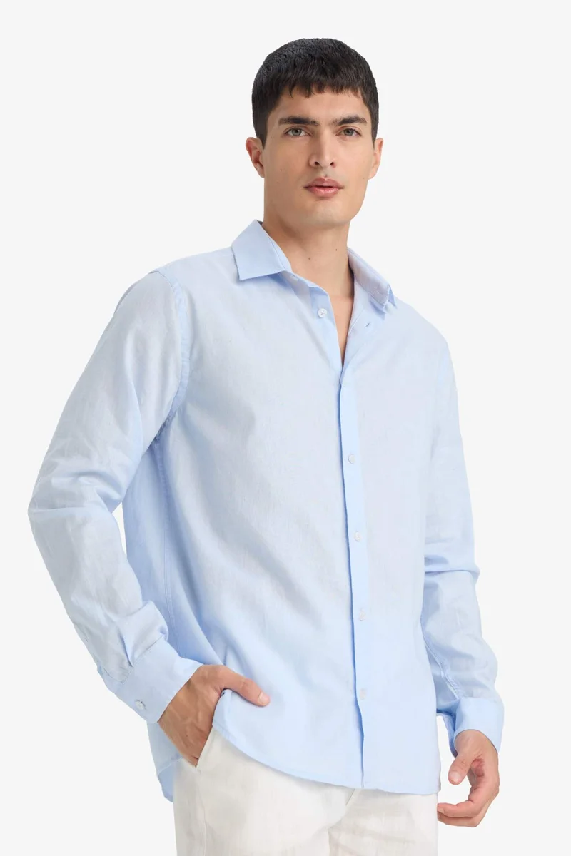 Defacto  Regular Fit Polo Collar Linen Blended Long Sleeve Shirt for Men | Best Price UAE