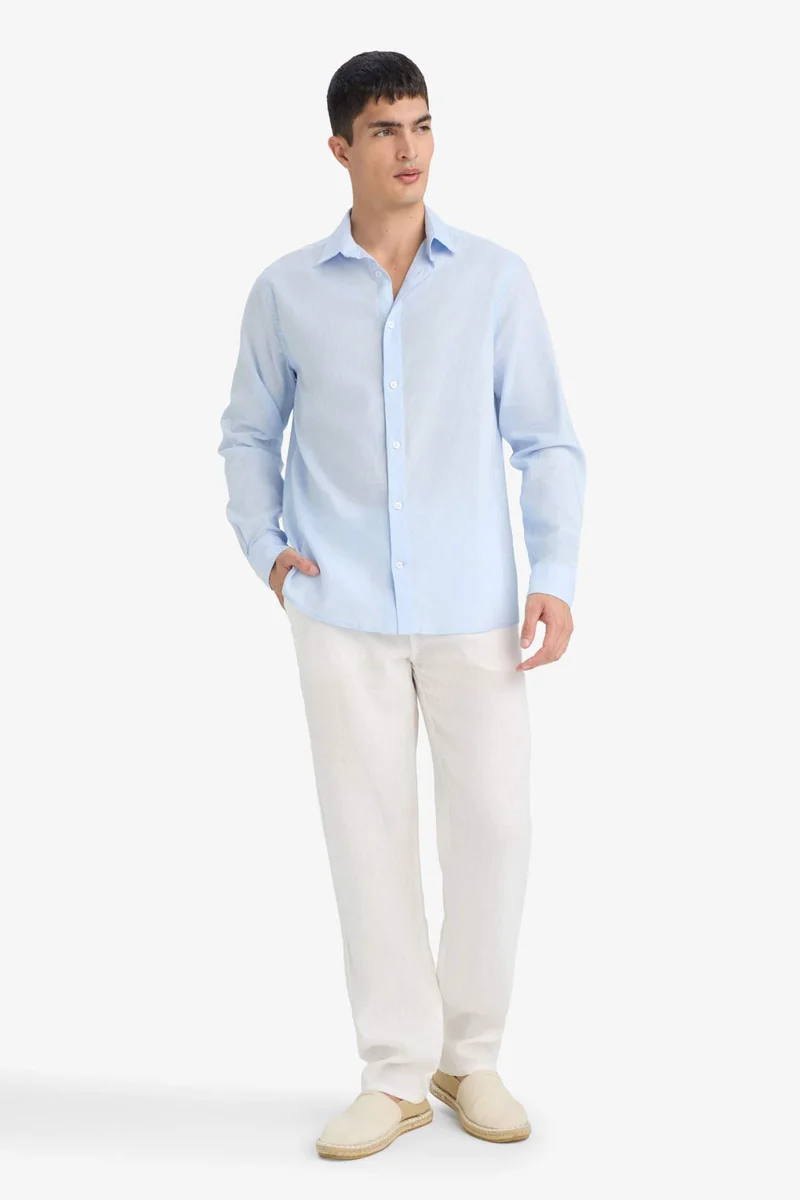 ديفاكتو Regular Fit Polo Collar Linen Blended Long Sleeve Shirt