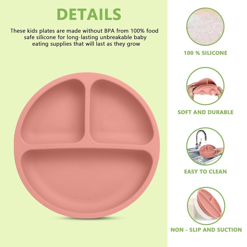 PEEPER Baby Suction Plates for Baby Feeding with 4 Strong Suction Cups, Silicone Toddler Plates with Deep Divided for Kids to Feed Themselves, Dish Washer & Micro-Wave Oven Safe (Pink) - Image 2