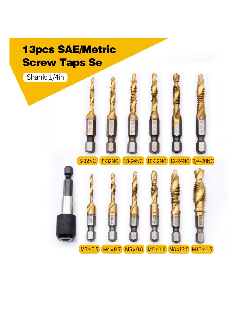 Titanium Combination Drill, Tap Bits Set, 13pcs SAE/Metric Drill Tap Bits Set, with Quick Change Adapter, 3-in-1 Tap Drill Bits, for Drilling, Tapping and Countersinking - Image 3