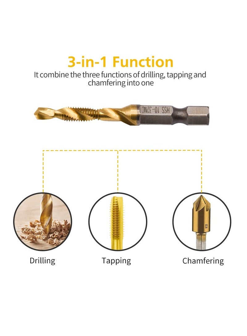 Titanium Combination Drill, Tap Bits Set, 13pcs SAE/Metric Drill Tap Bits Set, with Quick Change Adapter, 3-in-1 Tap Drill Bits, for Drilling, Tapping and Countersinking - Image 2