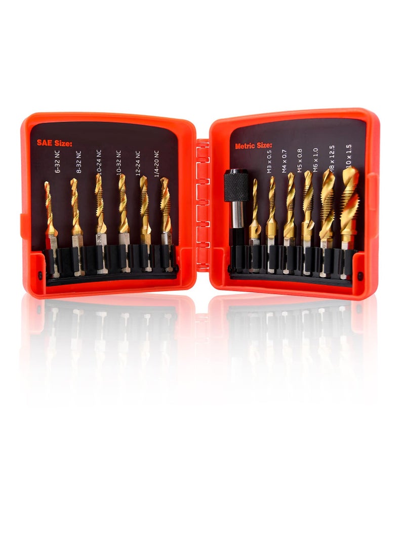 Titanium Combination Drill, Tap Bits Set, 13pcs SAE/Metric Drill Tap Bits Set, with Quick Change Adapter, 3-in-1 Tap Drill Bits, for Drilling, Tapping and Countersinking - Image 1