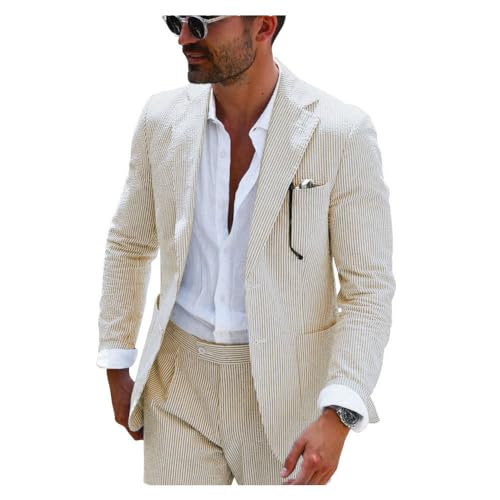 PopEle Leisure Mens Beige Striped Seersucker Slim Fit Suit Grooms Lightweight Sear Sucker Suit for Wedding - Image 1