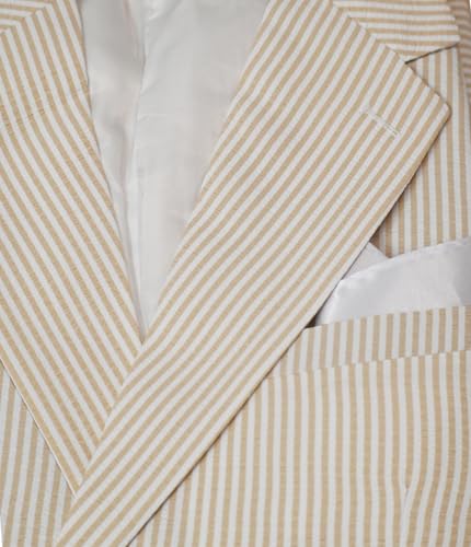 PopEle Leisure Mens Beige Striped Seersucker Slim Fit Suit Grooms Lightweight Sear Sucker Suit for Wedding - Image 2