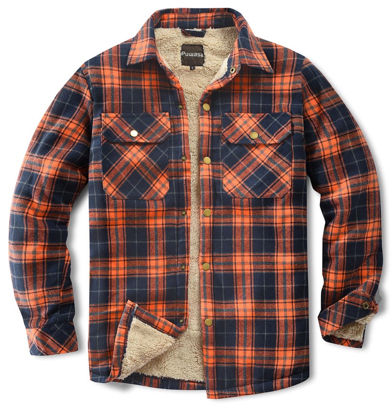 Puwasa Men's Sherpa Lined Cotton Flannel Shirt Jacket Plaid Button Up Jacket Coat for Men with Pocket Orange Small - Image 1