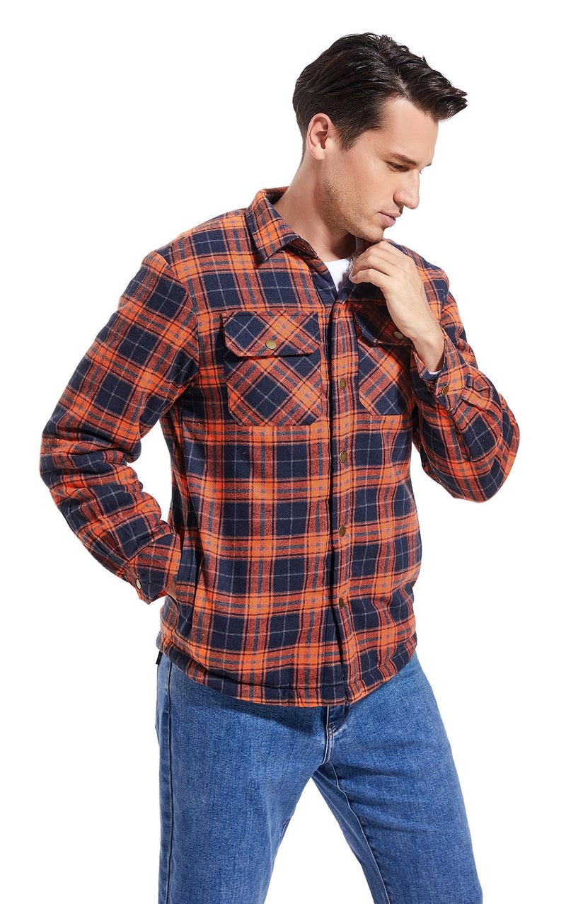 Puwasa Men's Sherpa Lined Cotton Flannel Shirt Jacket Plaid Button Up Jacket Coat for Men with Pocket Orange Small - Image 4