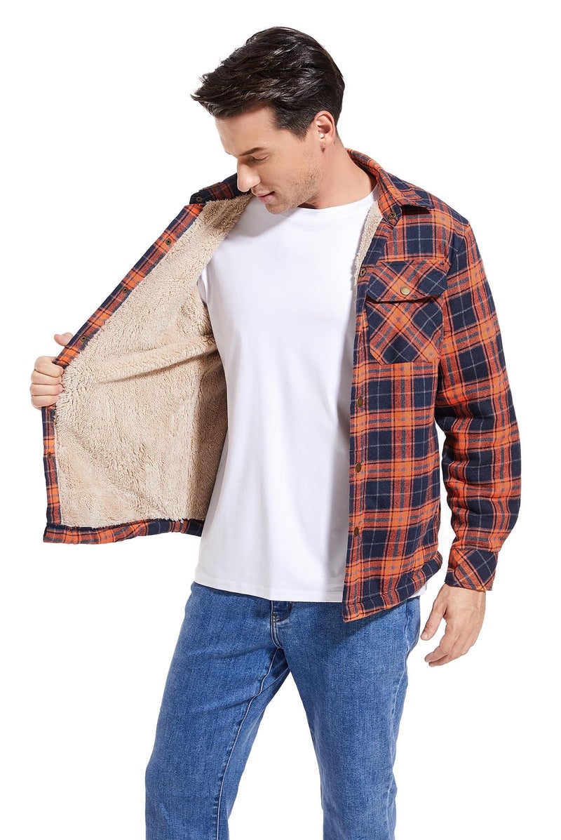 Puwasa Men's Sherpa Lined Cotton Flannel Shirt Jacket Plaid Button Up Jacket Coat for Men with Pocket Orange Small - Image 3